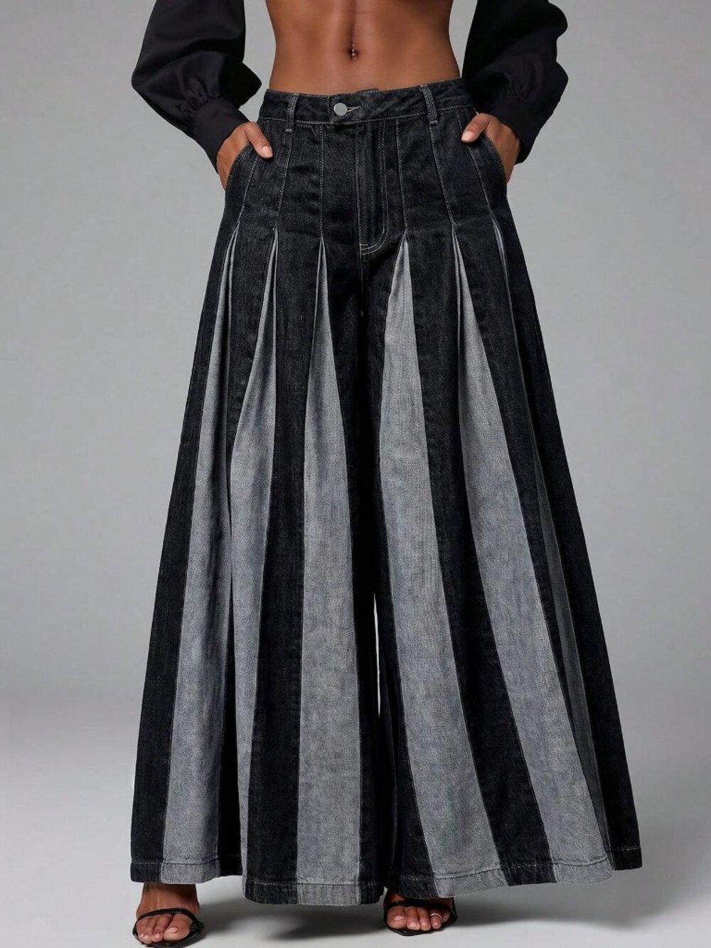 Black Casual Women's Two Tone Color Block Wide Leg Flowy Baggy Denim Jeans - Picture 7 of 7